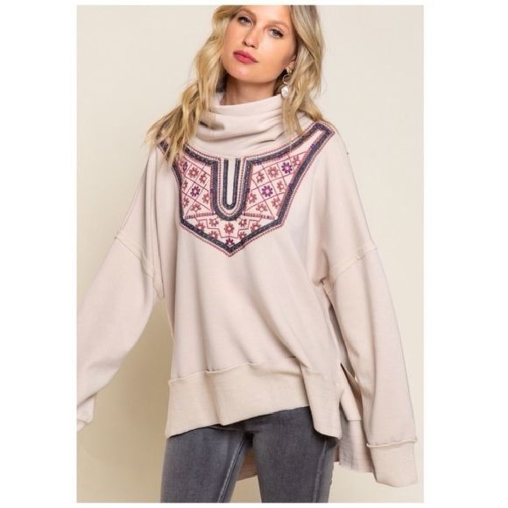 POL High Low Cowl Neck Embroidered Top In Almond